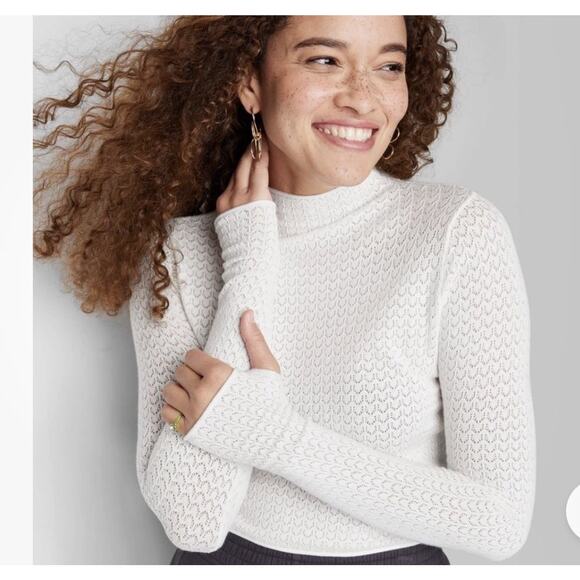 Wild Fable White Pointelle Eyelet Mock Neck Crop Sweater Medium NEW Cute - Picture 2 of 9